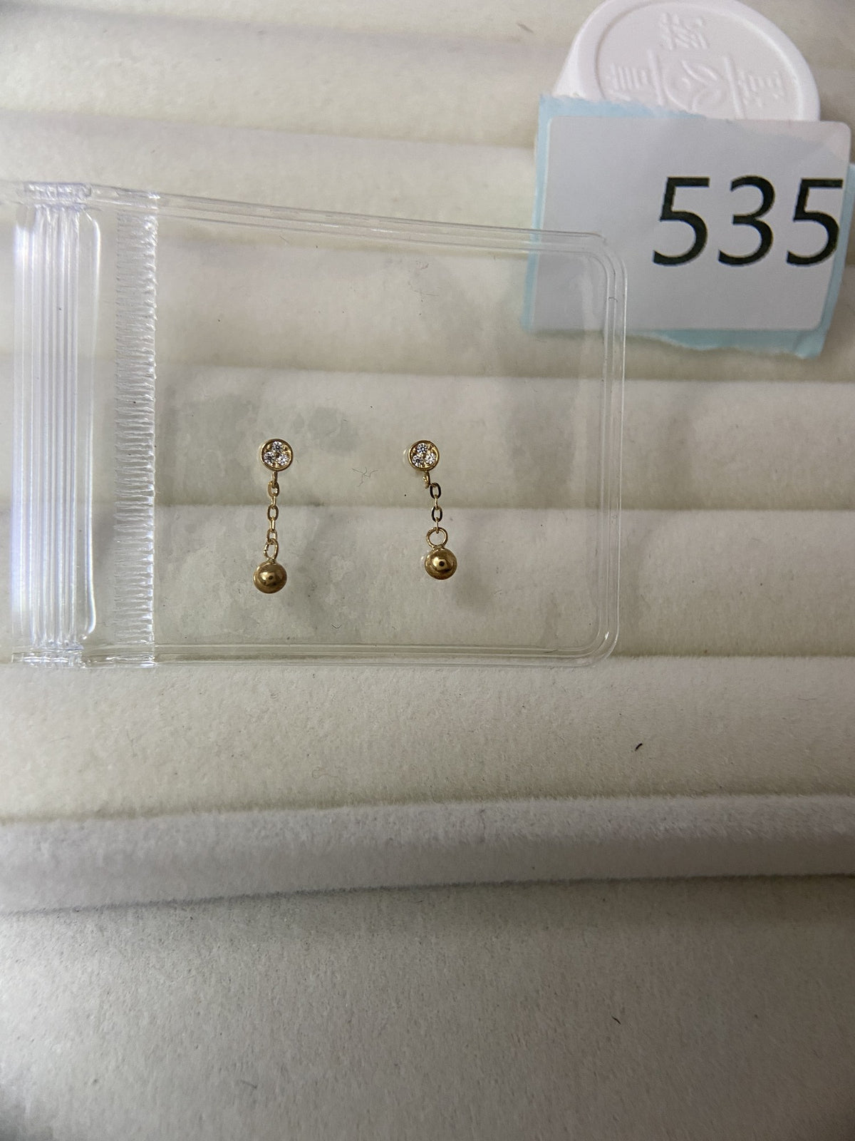 Actual product photo of 14K Solid Gold Bezel Ball Chain Drop Earrings, reference view 1