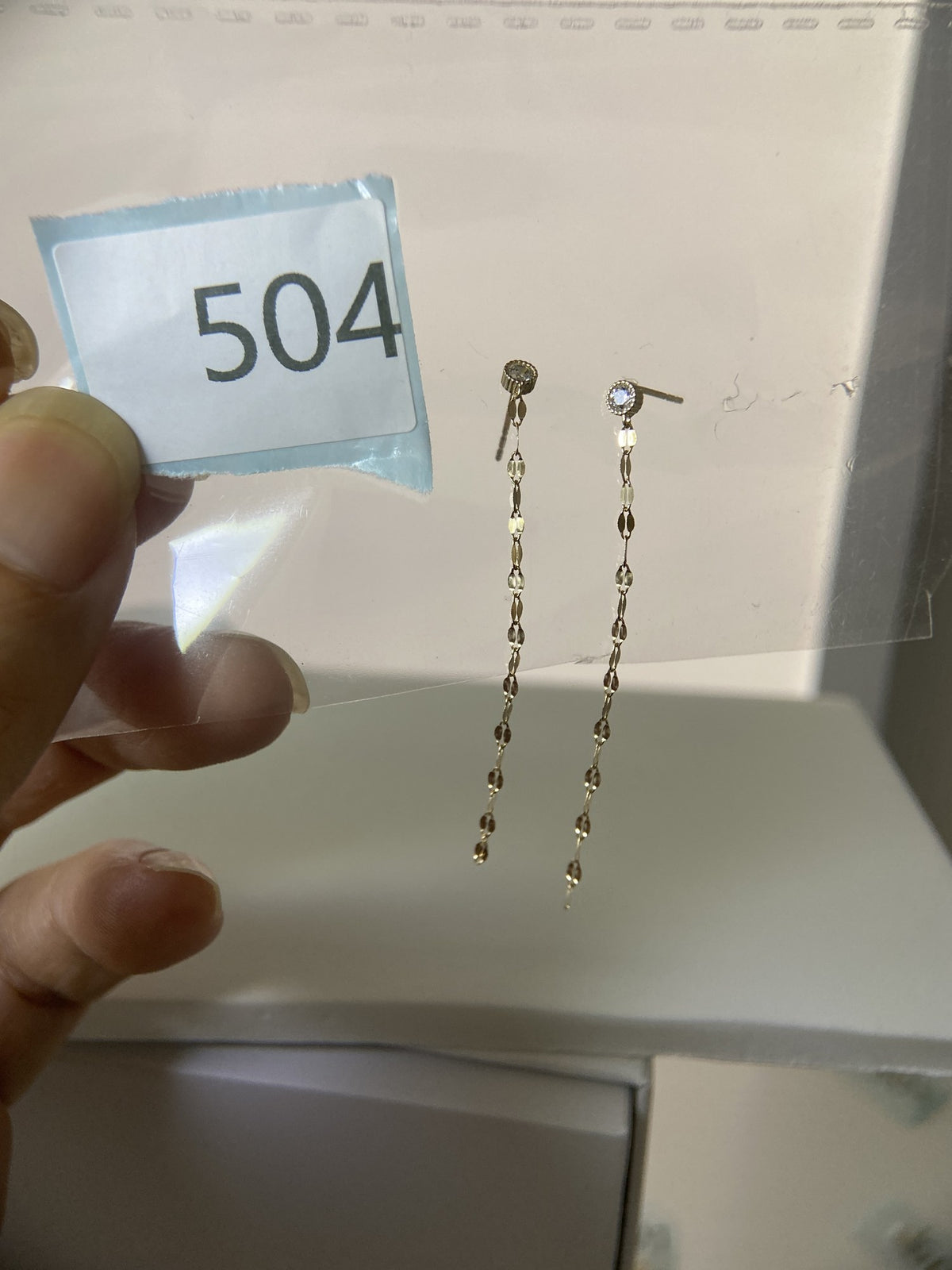 Actual product photo of 14K Solid Gold Bezel Stone Chain Drop Earrings, reference view 1