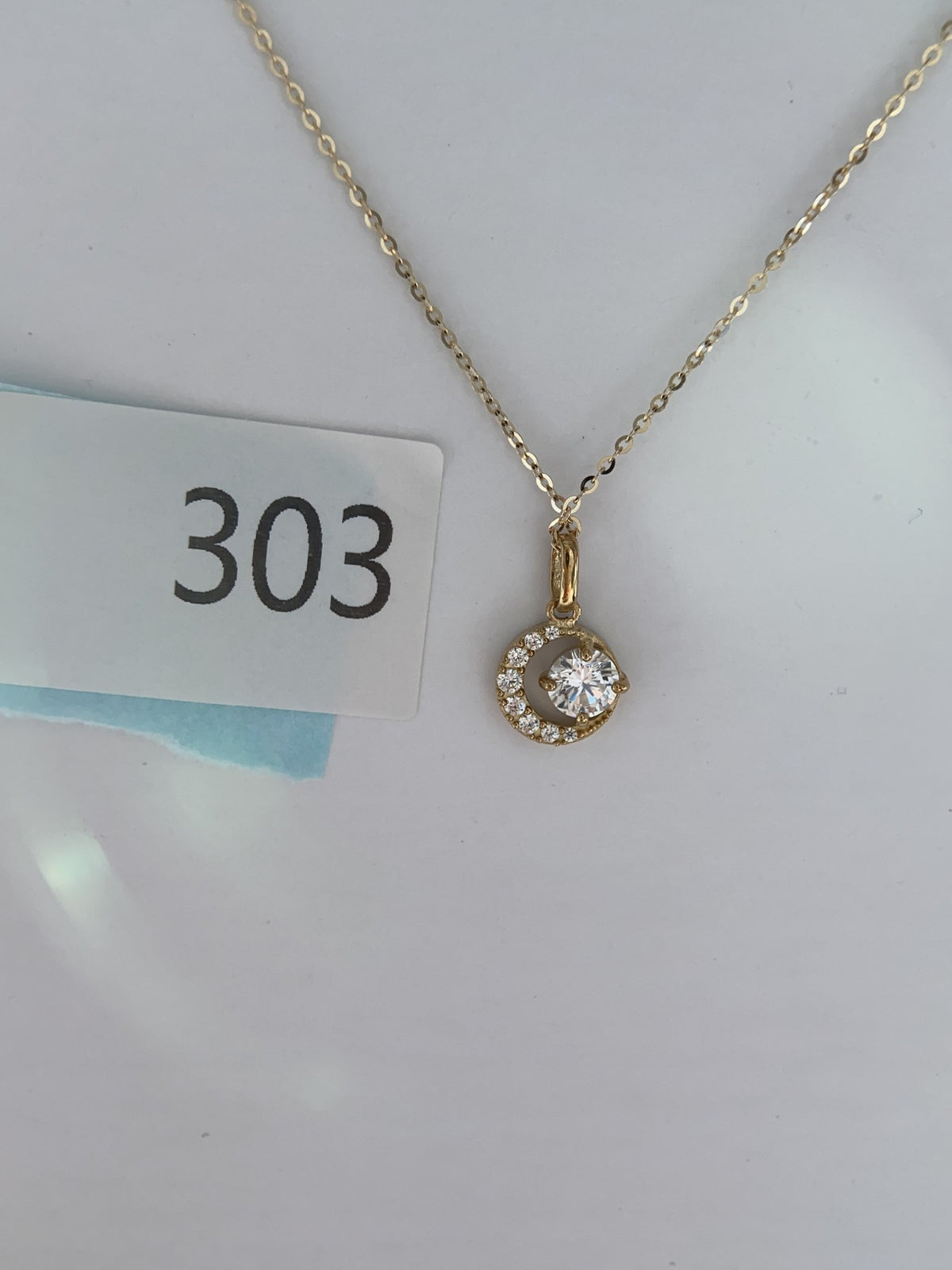 Actual product photo of 14K Solid Gold Crescent Halo Pendant, reference view 2