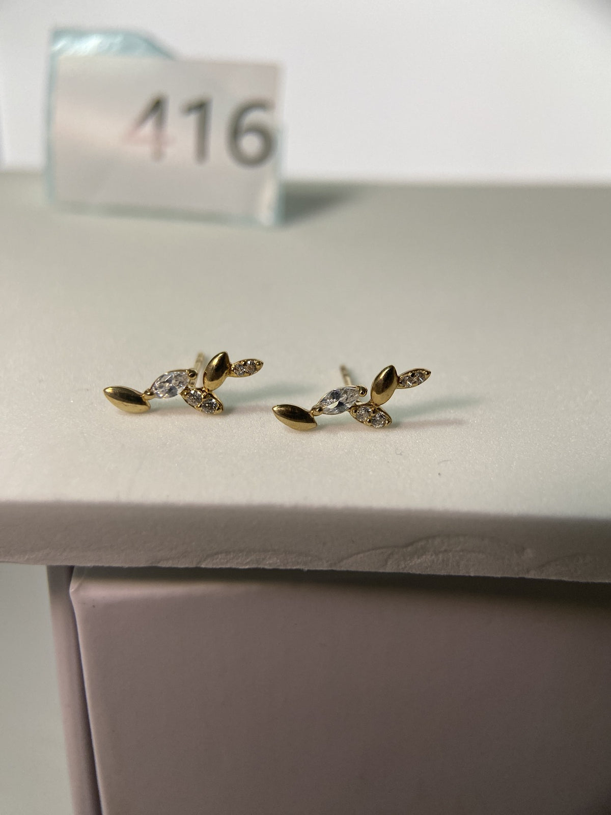 Actual product photo of 14K Solid Gold Crystal Leaf Branch Stud Earrings, reference view 1