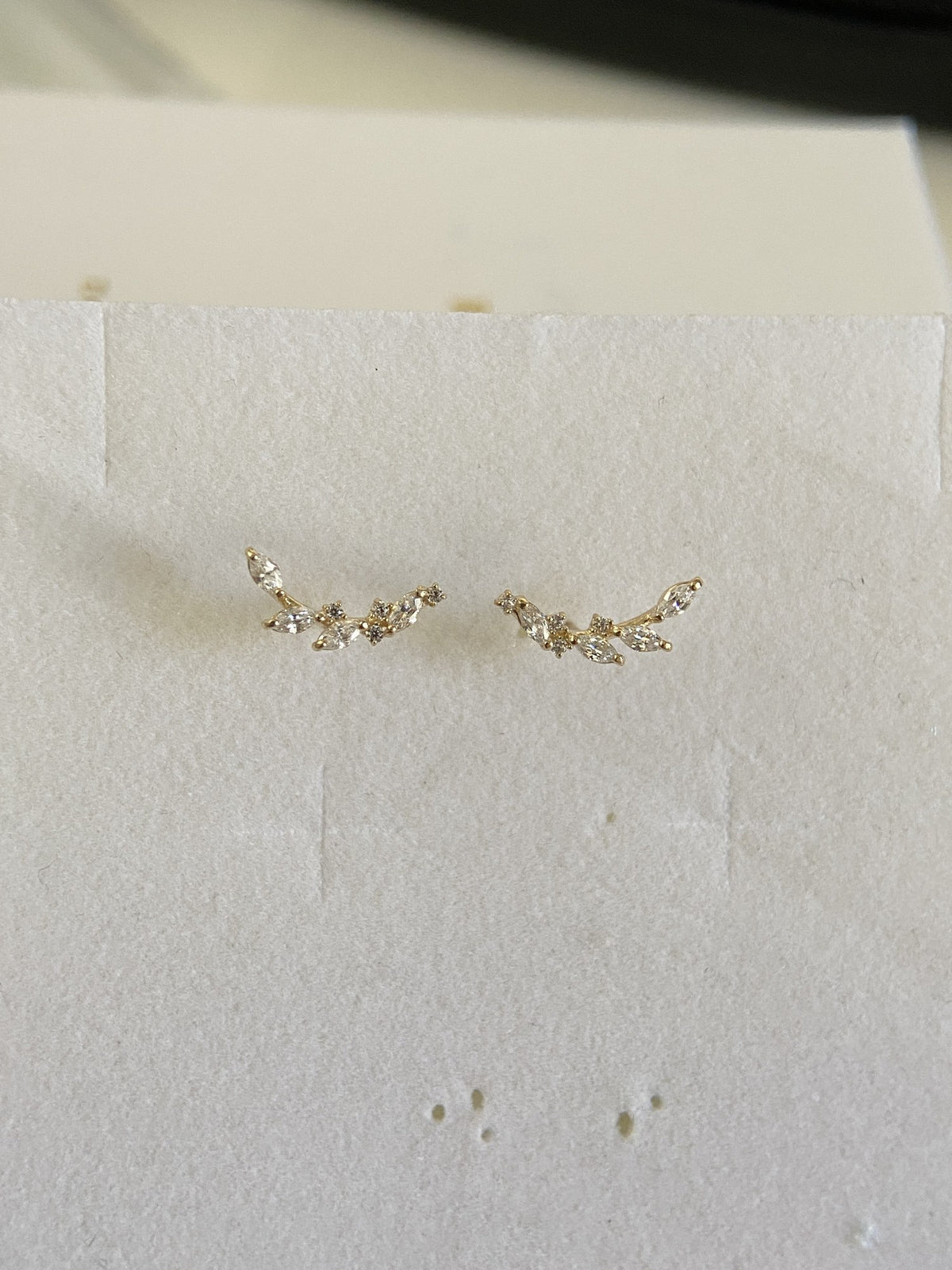 Actual product photo of 14K Solid Gold Crystal Leaf Climber Stud Earrings, reference view 1