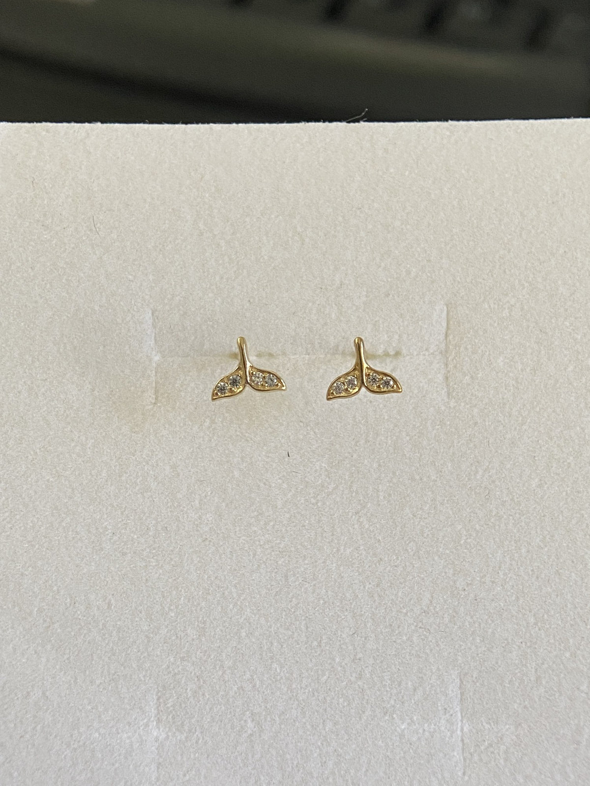 Actual product photo of 14K Solid Gold Crystal Whale Tail Stud Earrings, reference view 1