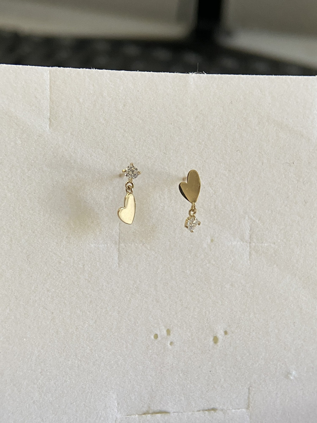 Actual product photo of 14K Solid Gold Double Heart Drop Stud Earrings, reference view 1