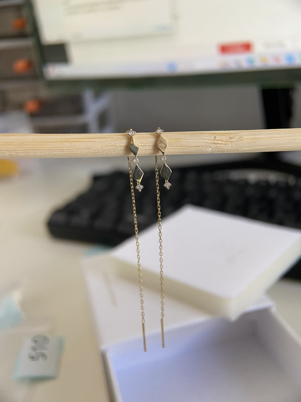 Actual product photo of 14K Solid Gold Geometric Bar Chain Drop Earrings, reference view 1