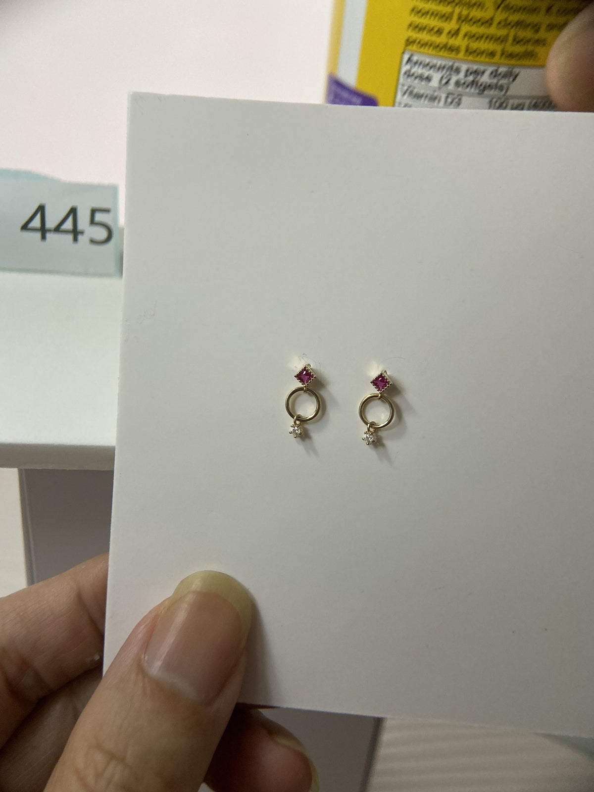 Actual product photo of 14K Solid Gold Geometric Circle Drop Stud Earrings, reference view 1