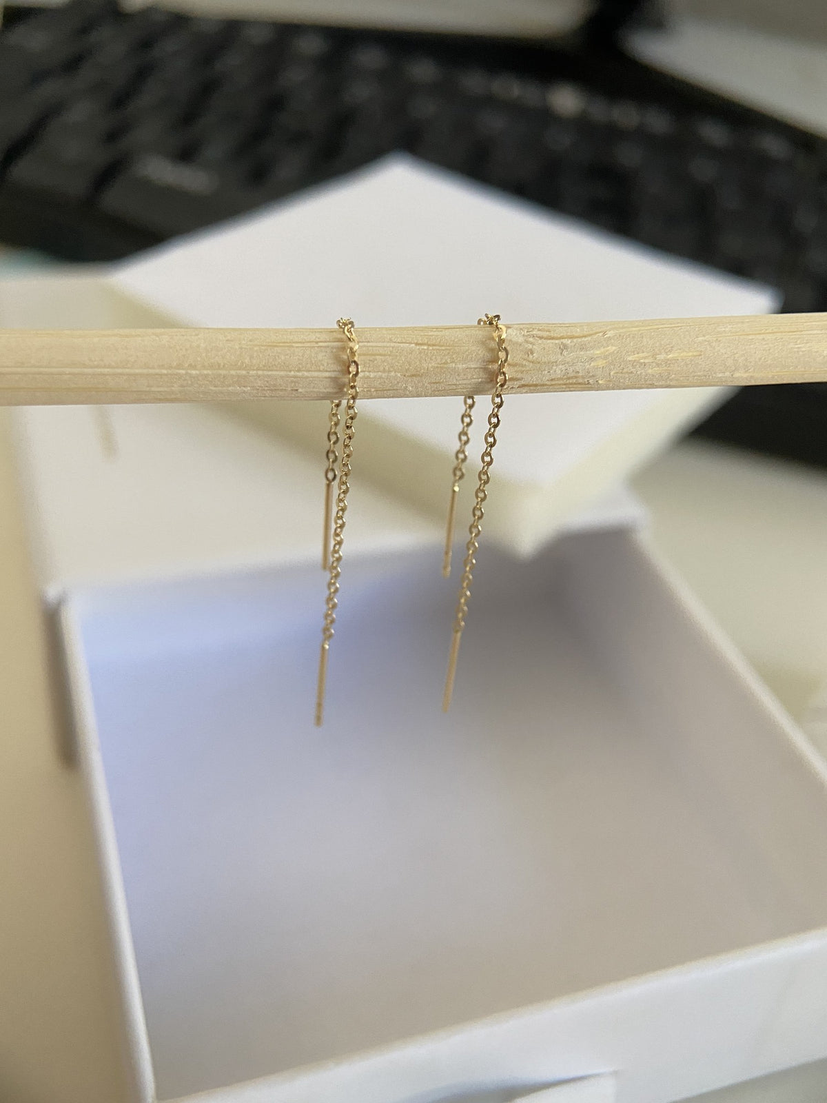 Actual product photo of 14K Solid Gold Minimal Threader Chain Drop Earrings, reference view 1