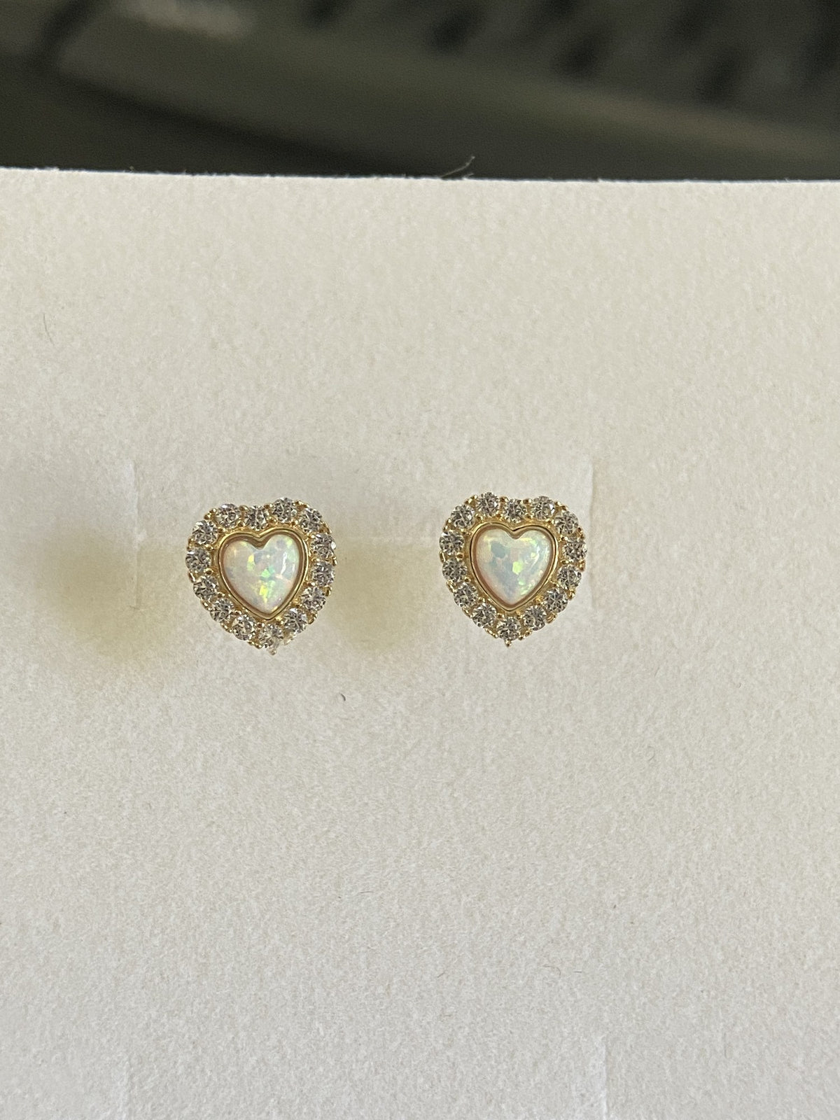 Actual product photo of 14K Solid Gold Opal Heart Halo Stud Earrings, reference view 1