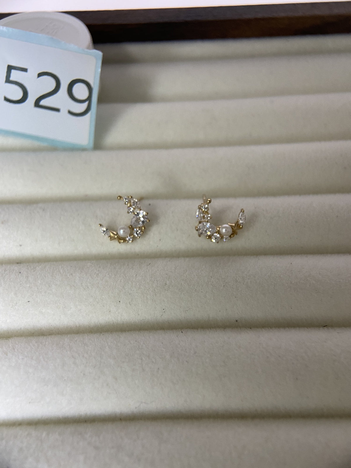 Actual product photo of 14K Solid Gold Pearl Crescent Cluster Stud Earrings, reference view 1
