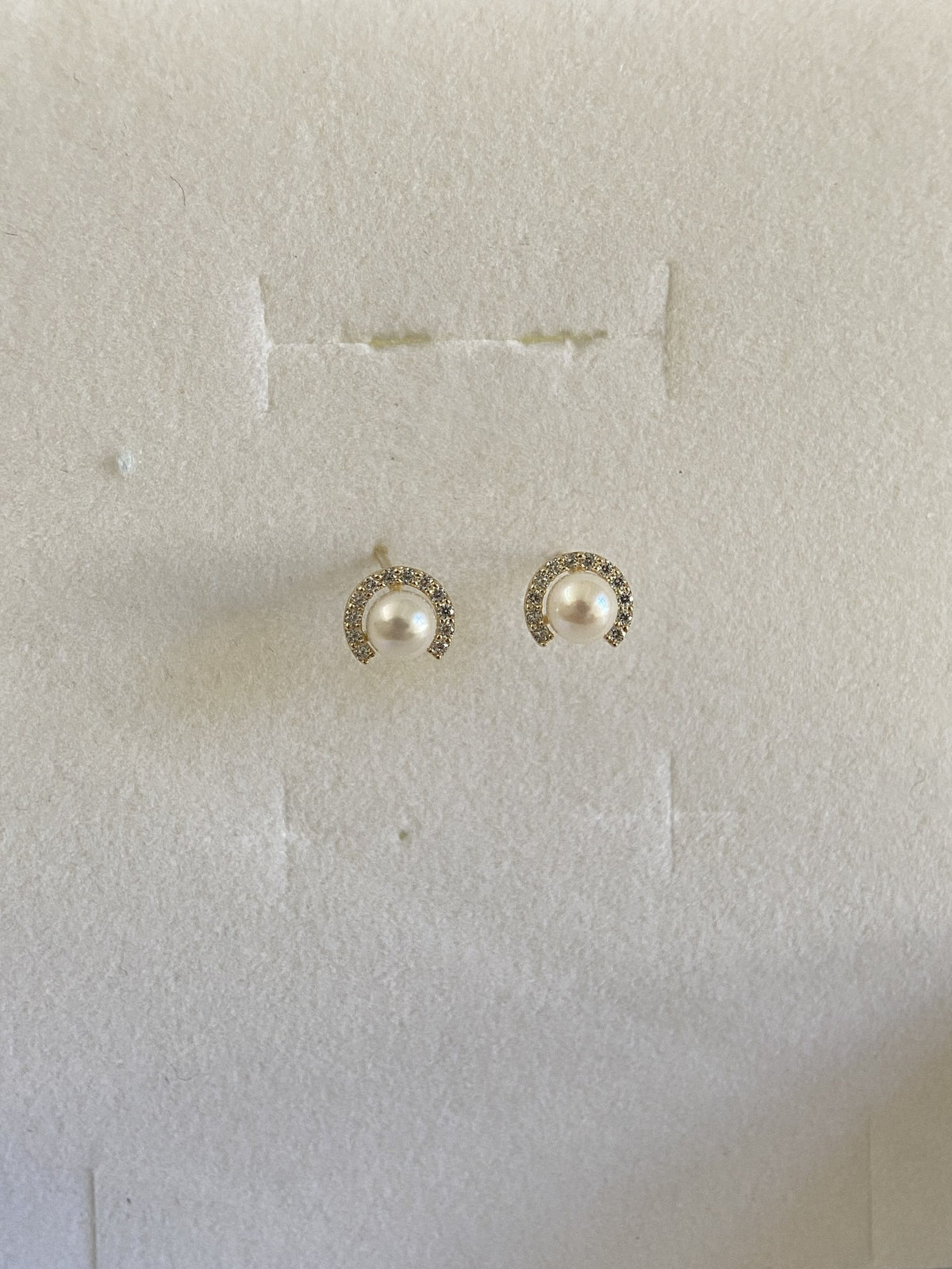 Actual product photo of 14K Solid Gold Pearl Crescent Stud Earrings, reference view 1