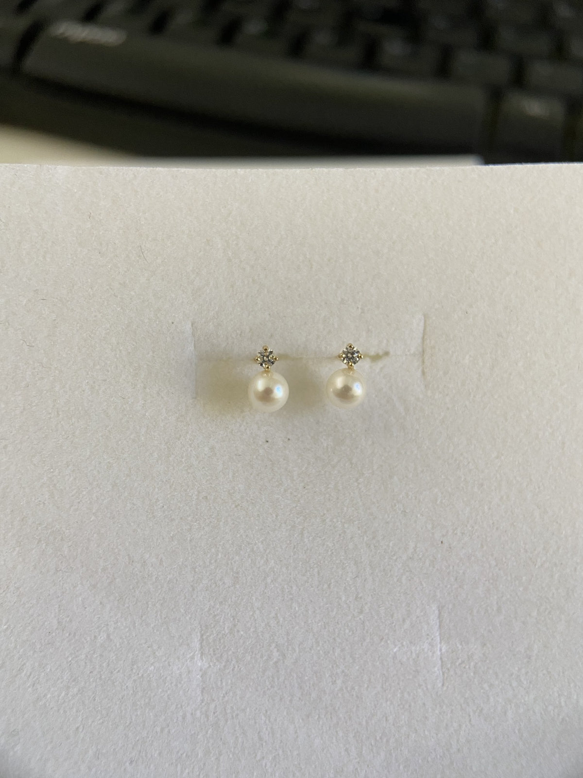 Actual product photo of 14K Solid Gold Pearl Crystal Pair Stud Earrings, reference view 1