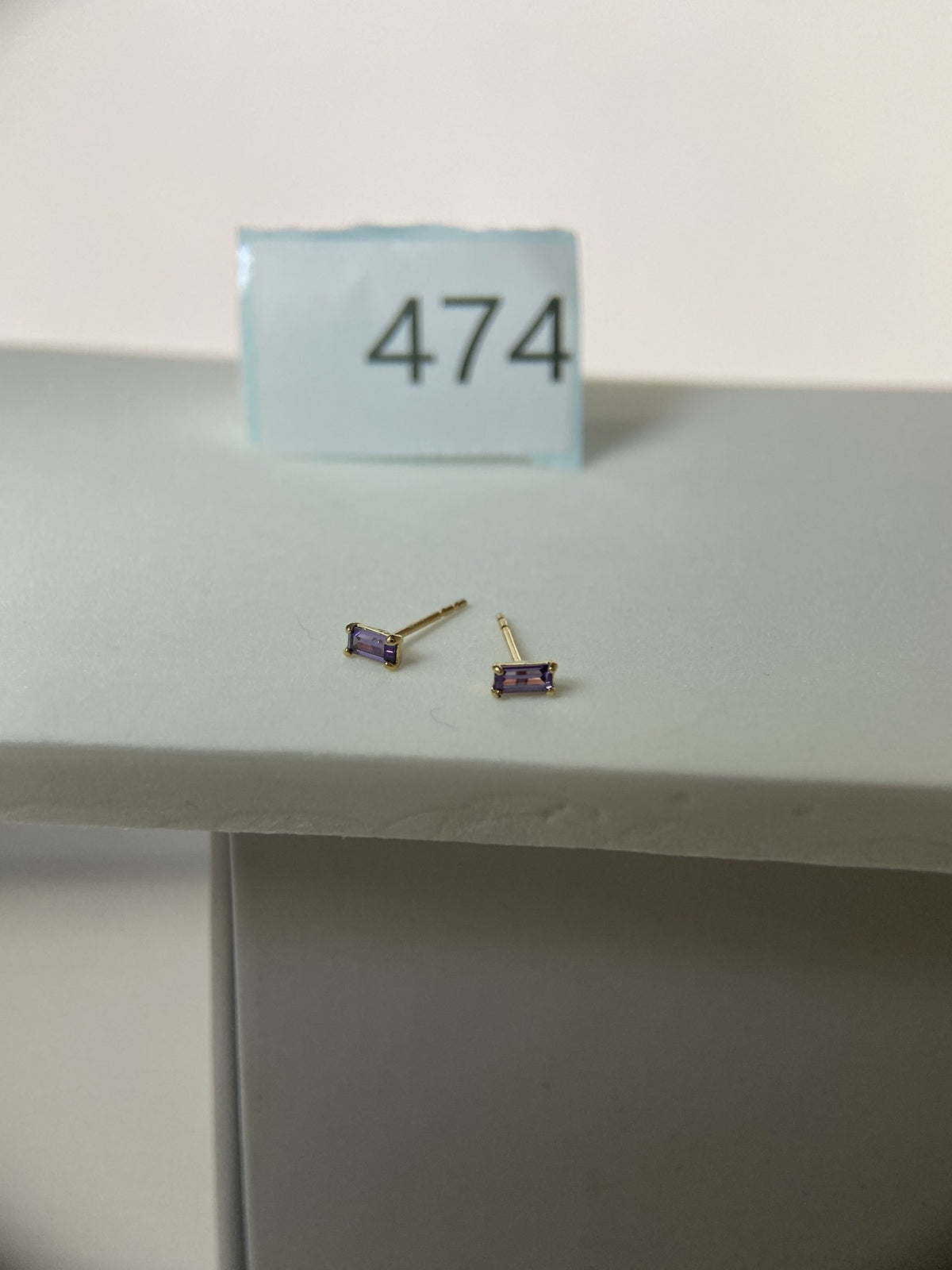 Actual product photo of 14K Solid Gold Purple Baguette Stud Earrings, reference view 1