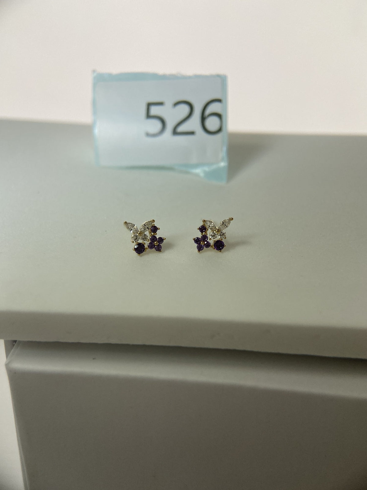 Actual product photo of 14K Solid Gold Purple Butterfly Stud Earrings, reference view 1