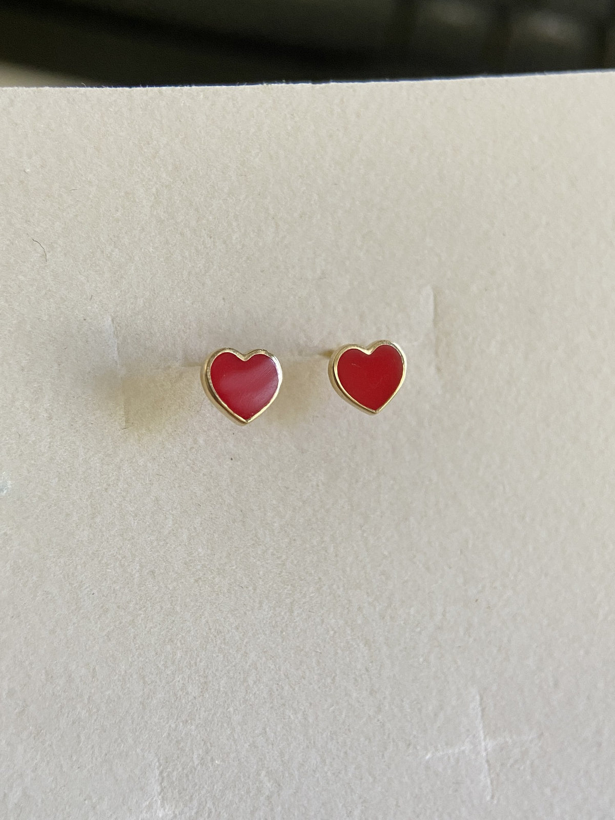 Actual product photo of 14K Solid Gold Red Enamel Heart Stud Earrings, reference view 1
