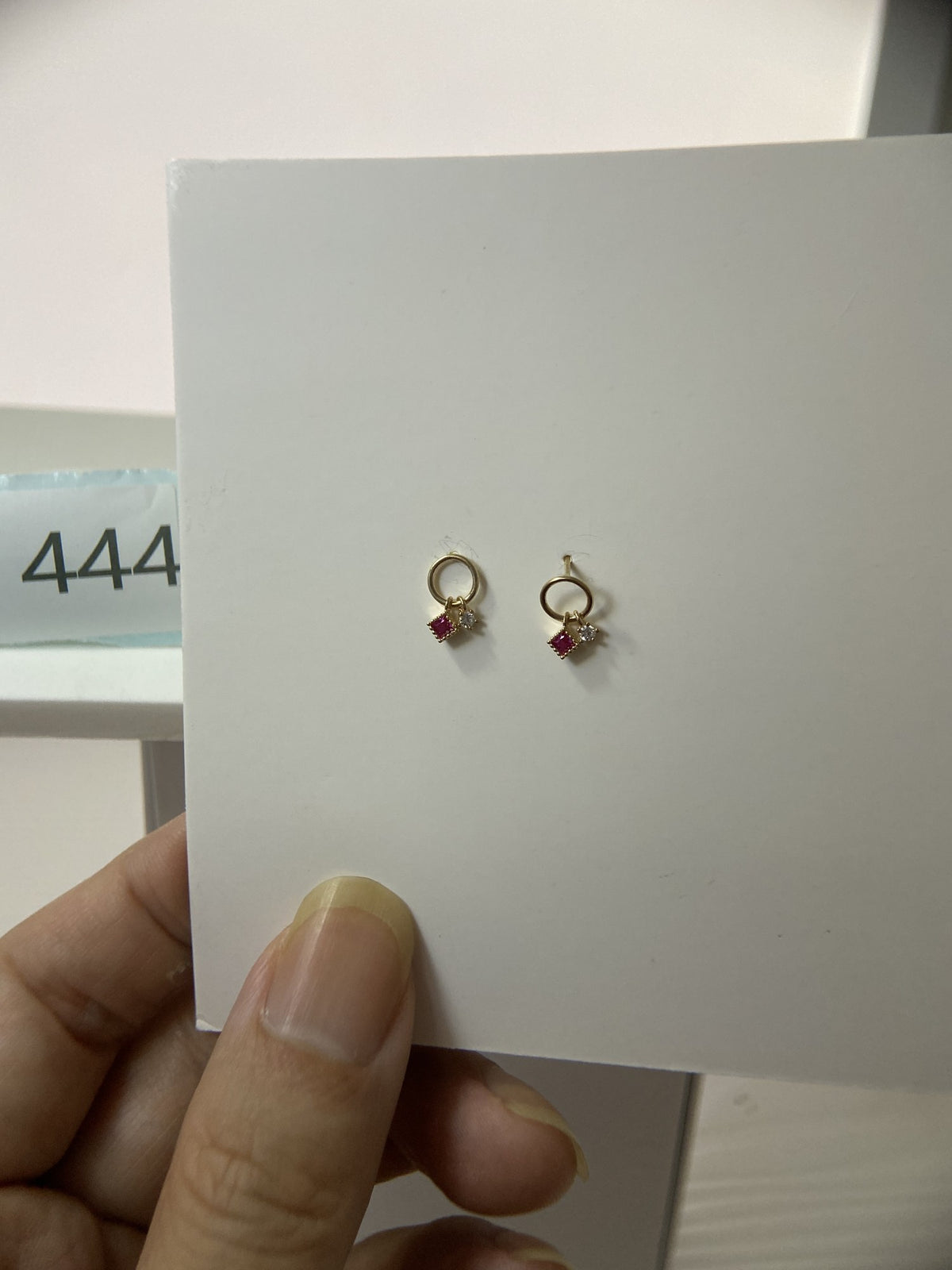Actual product photo of 14K Solid Gold Ruby Circle Drop Stud Earrings, reference view 1