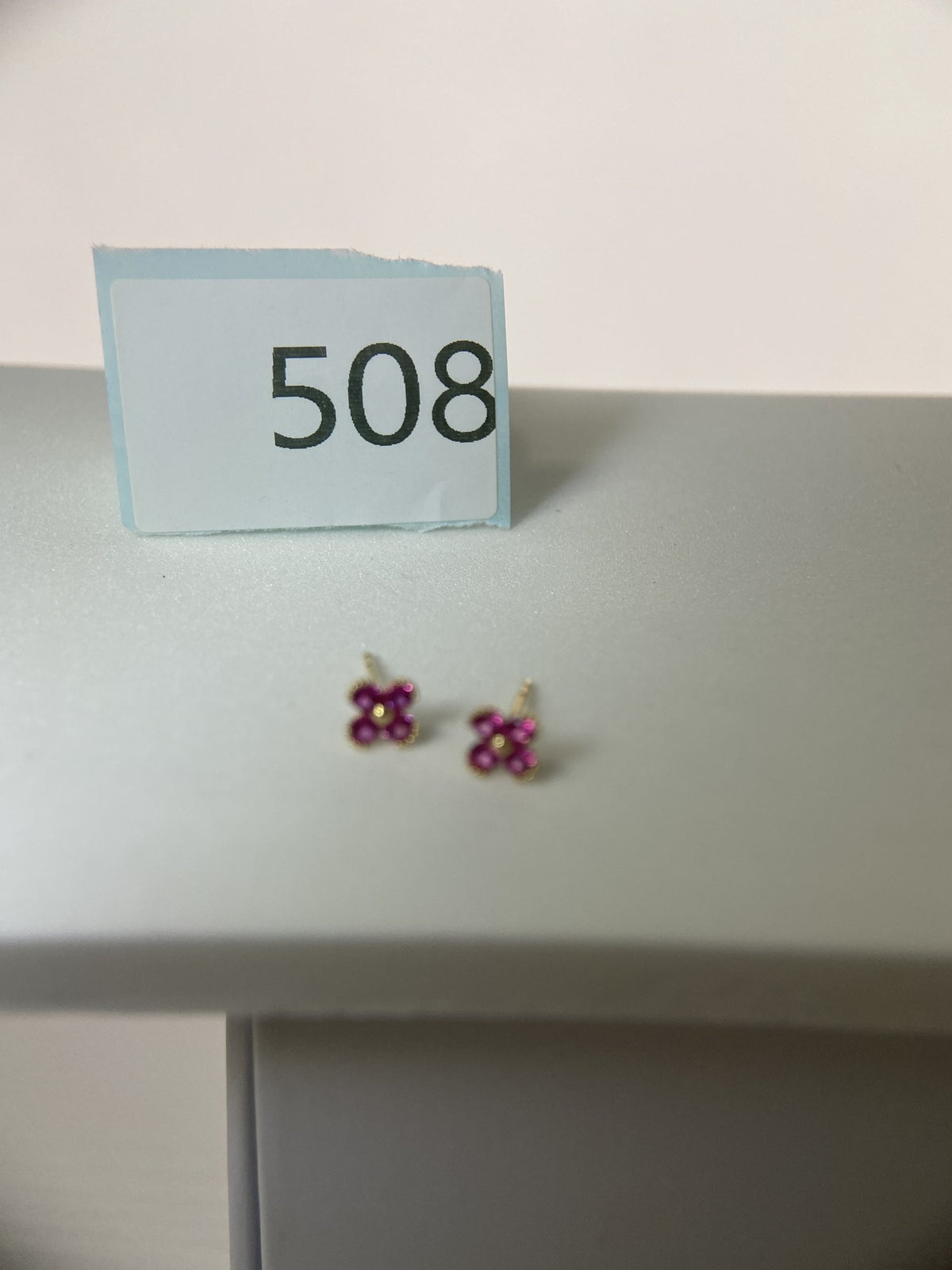 Actual product photo of 14K Solid Gold Ruby Clover Stud Earrings, reference view 1