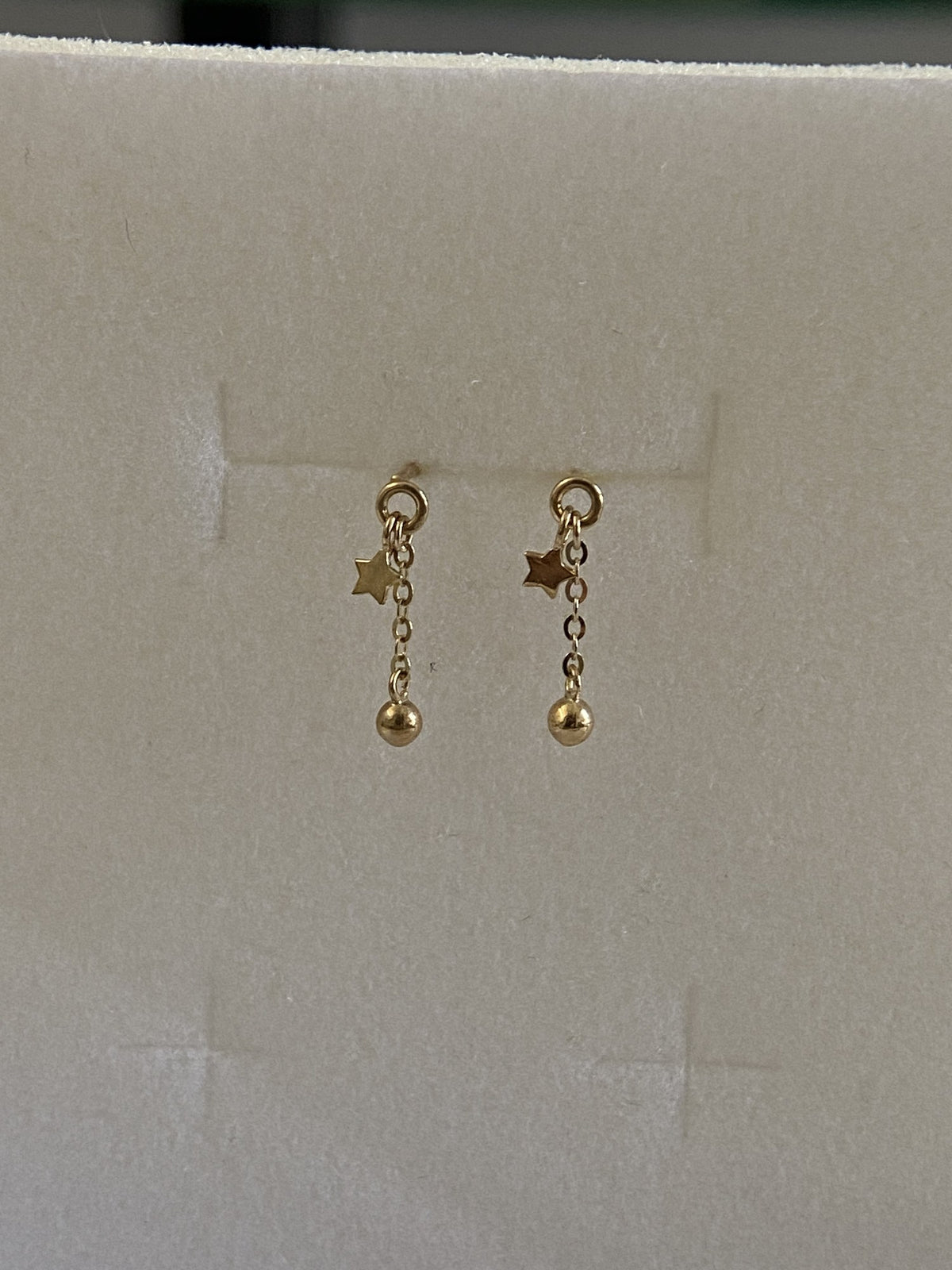 Actual product photo of 14K Solid Gold Star Ball Chain Drop Earrings, reference view 1