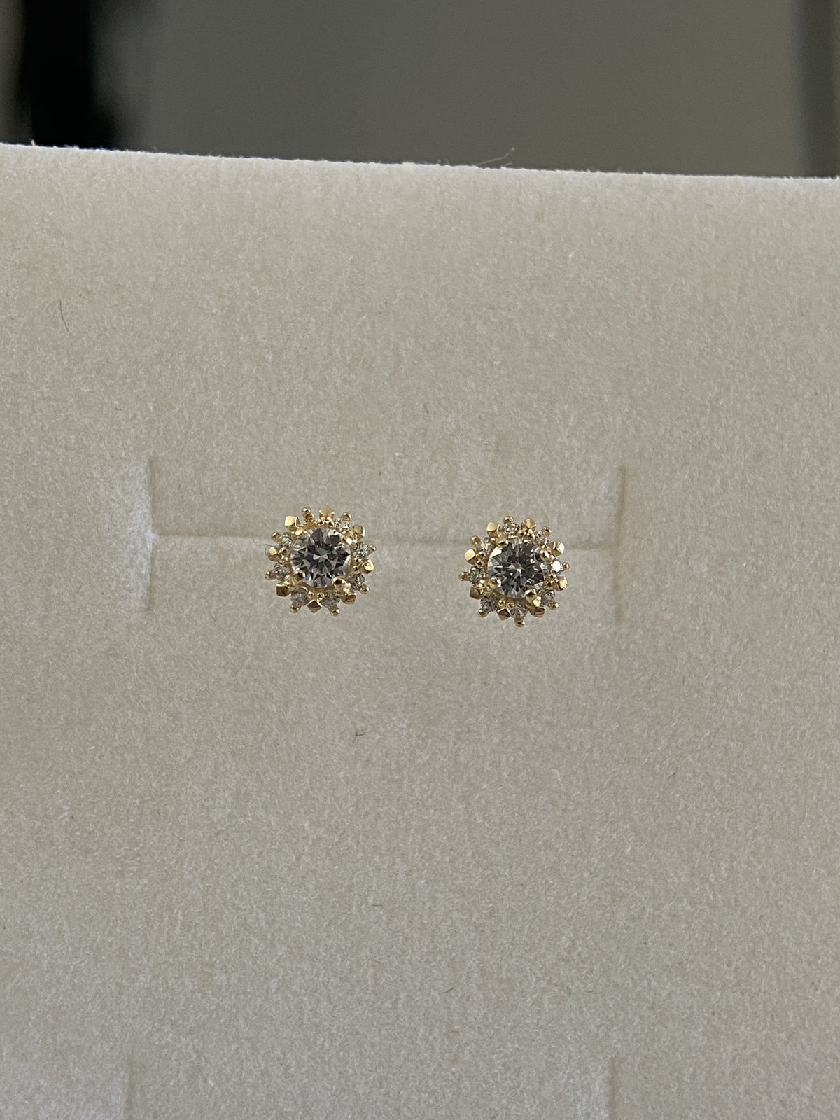 Actual product photo of 14K Solid Gold Sunflower Halo Stud Earrings, reference view 1