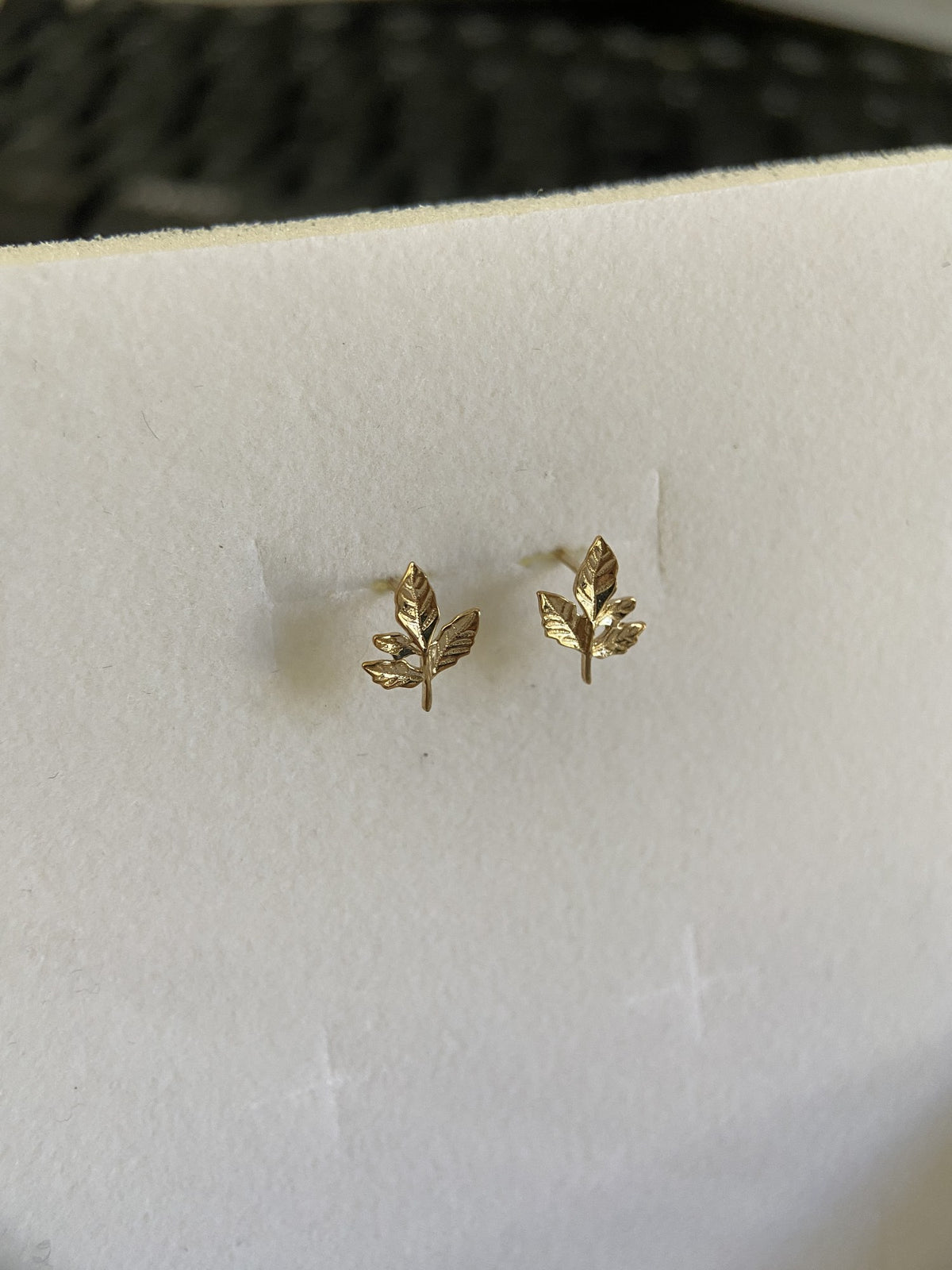 Actual product photo of 14K Solid Gold Textured Leaf Branch Stud Earrings, reference view 1