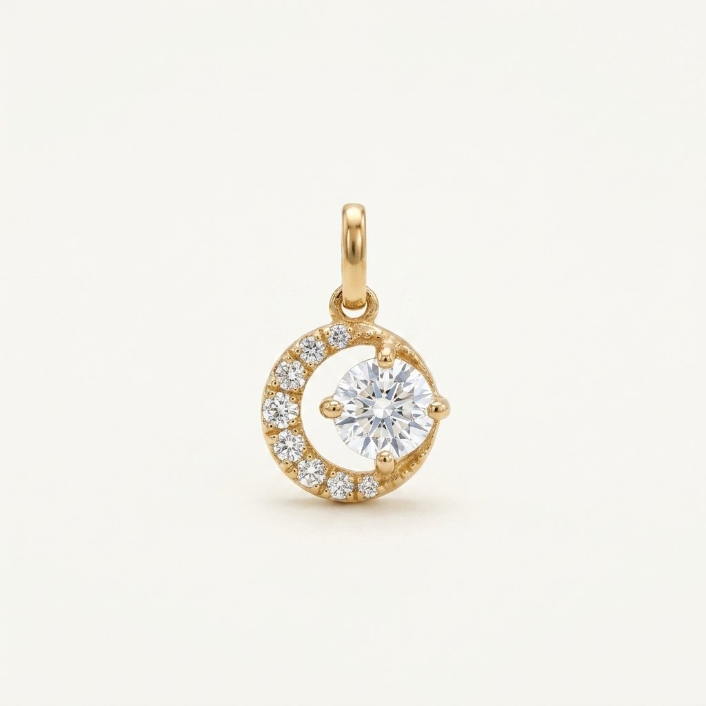 14K solid gold crescent halo pendant on a warm ivory background