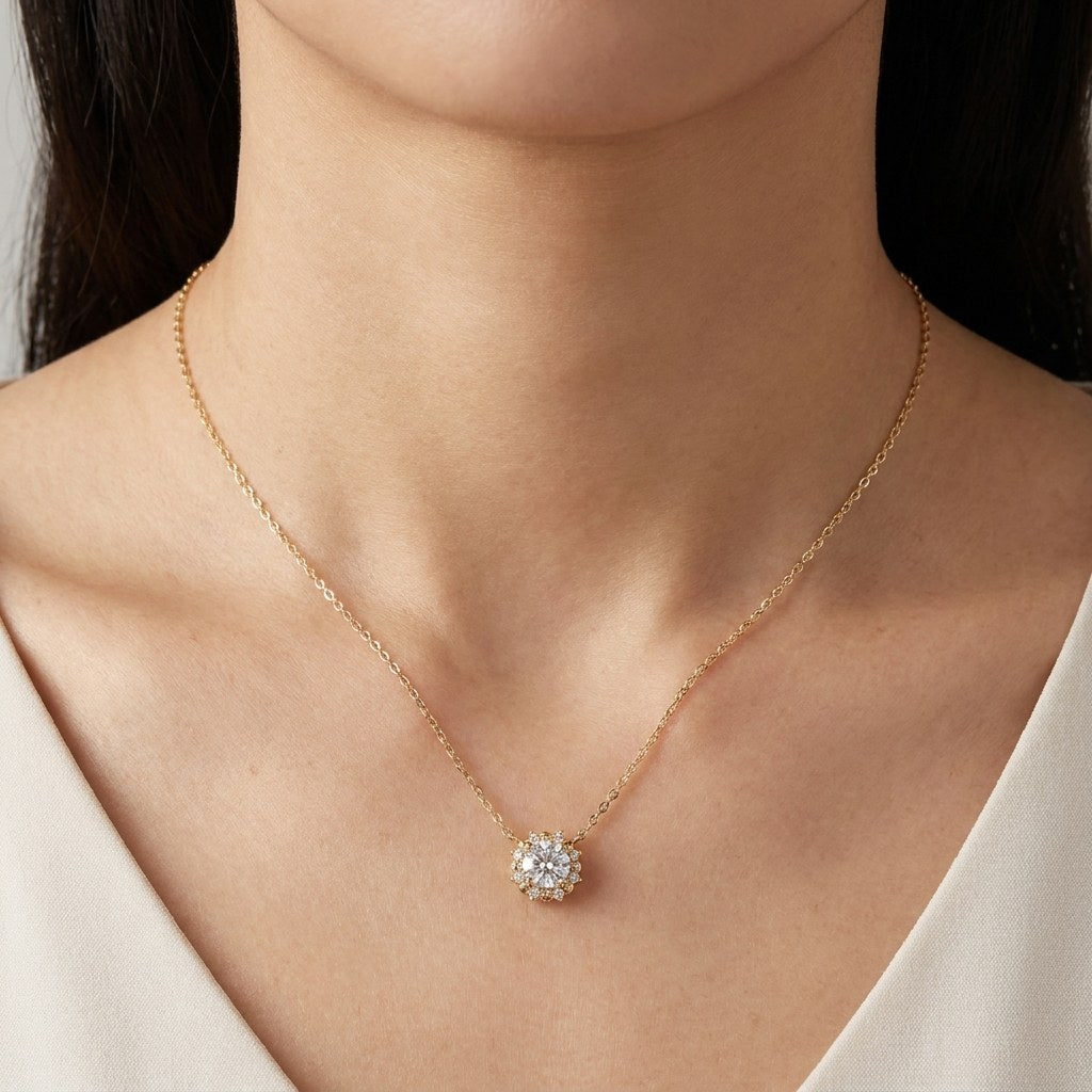 14K solid gold floral cluster pendant worn on a fine chain