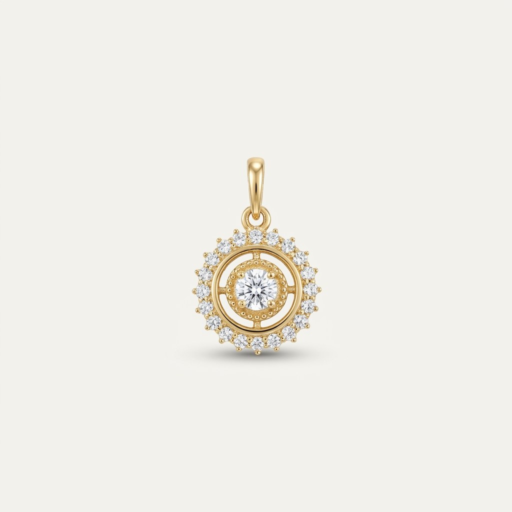 14K solid gold sunburst halo pendant on a warm ivory background