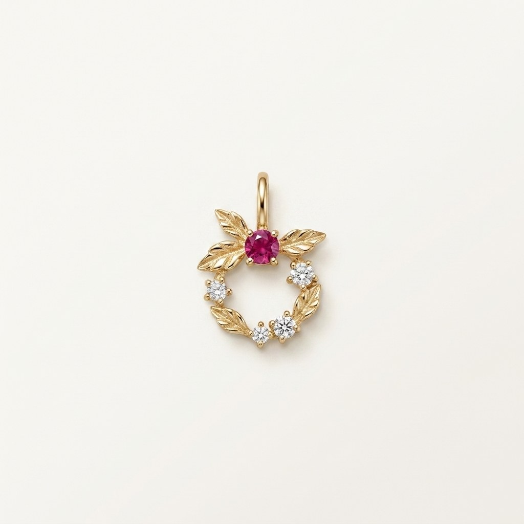 14K solid gold floral wreath pendant on a warm ivory background