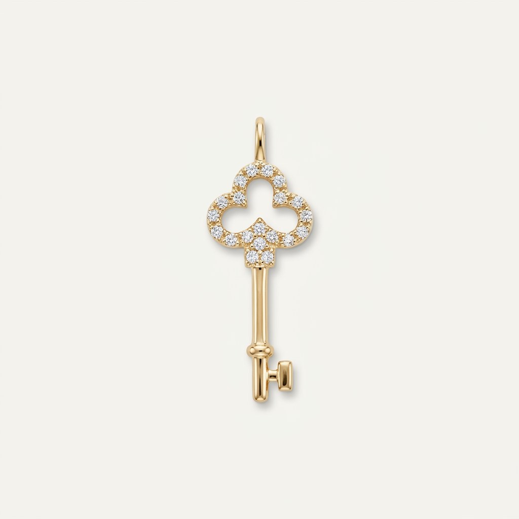 14K solid gold pavé clover key pendant on a warm ivory background