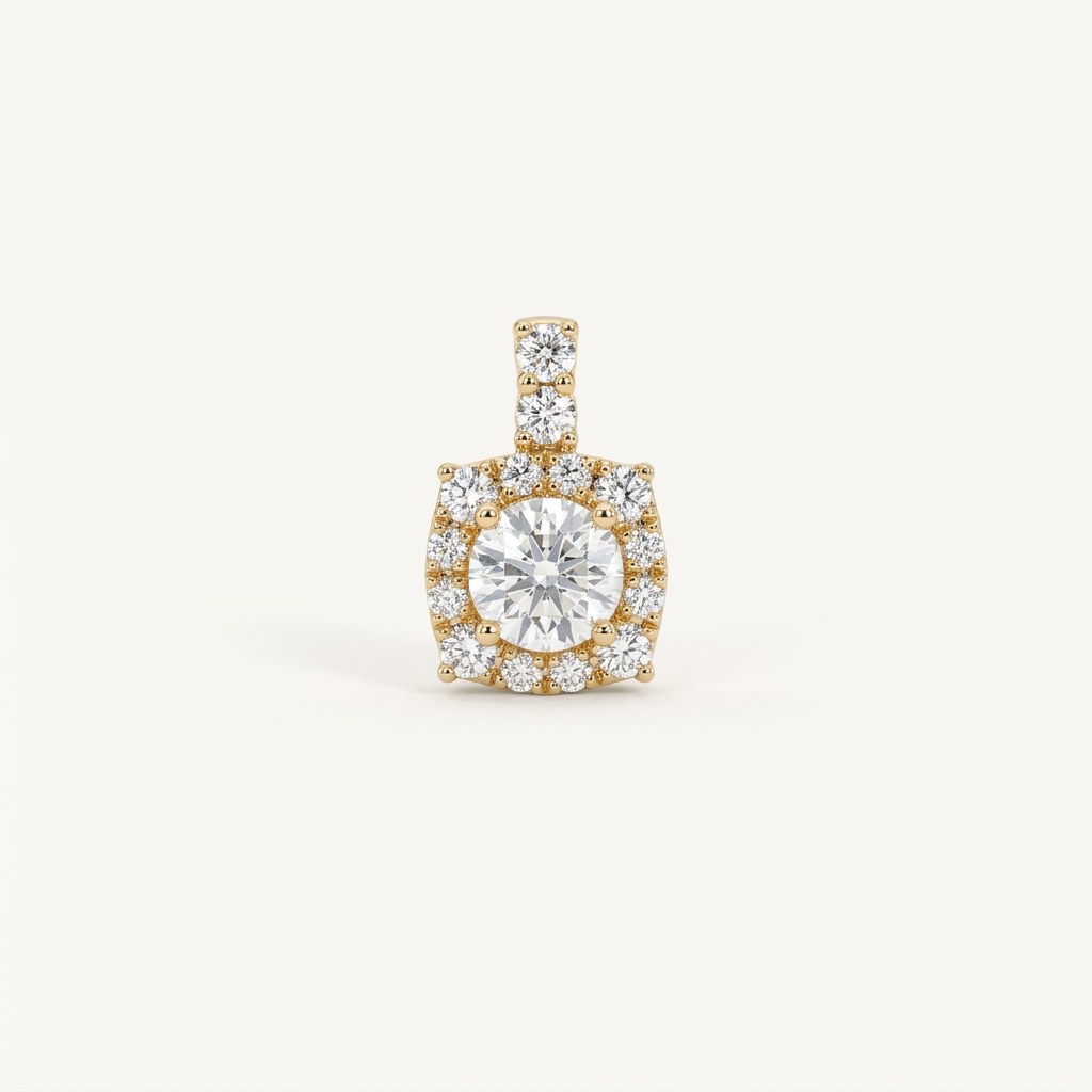 14K solid gold round halo pendant on a warm ivory background