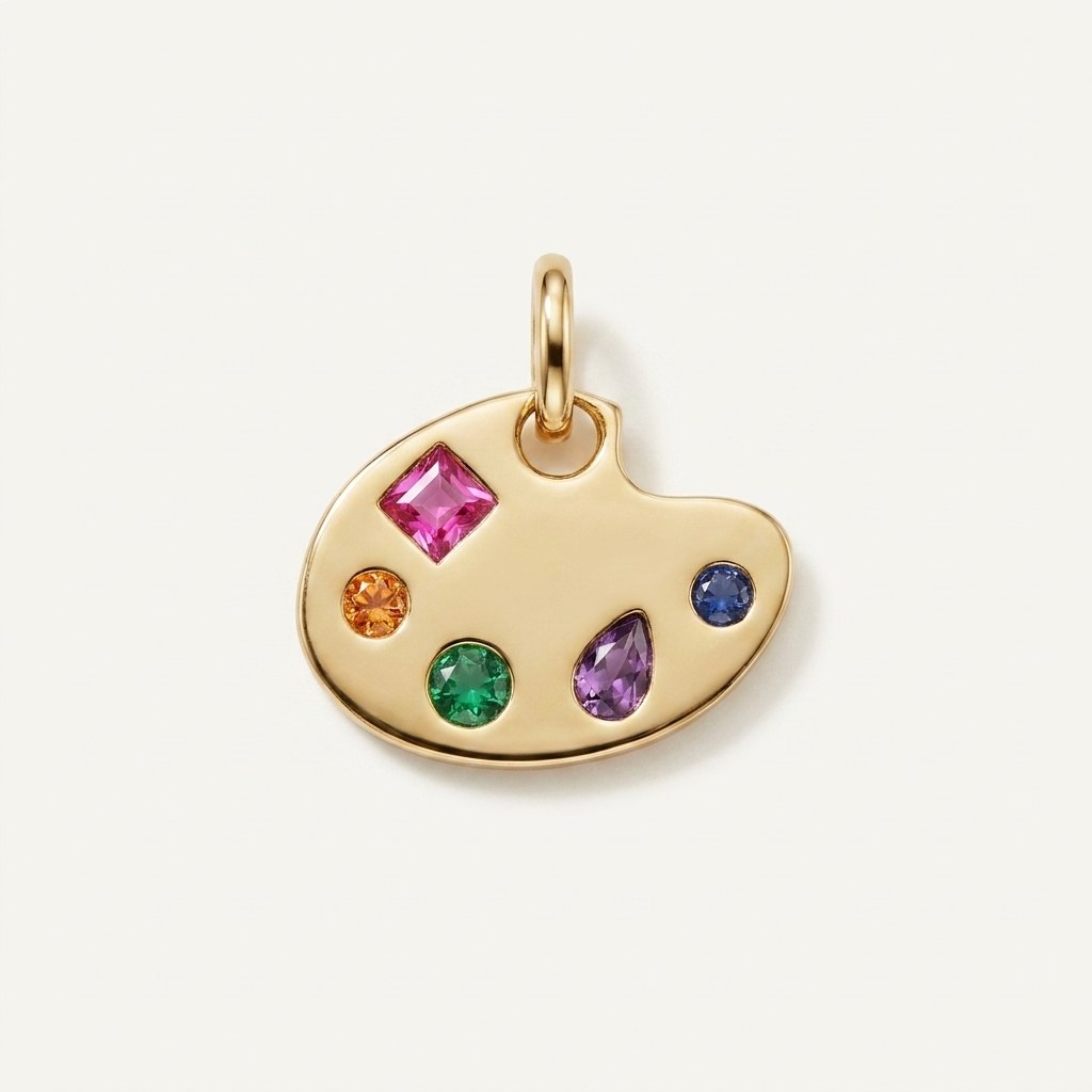 14K solid gold artist palette pendant on a warm ivory background