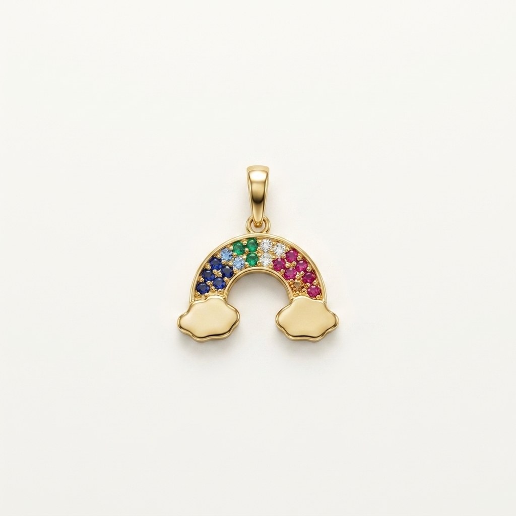 14K solid gold rainbow pendant on a warm ivory background