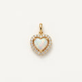 14K solid gold opalescent heart halo pendant on a warm ivory background
