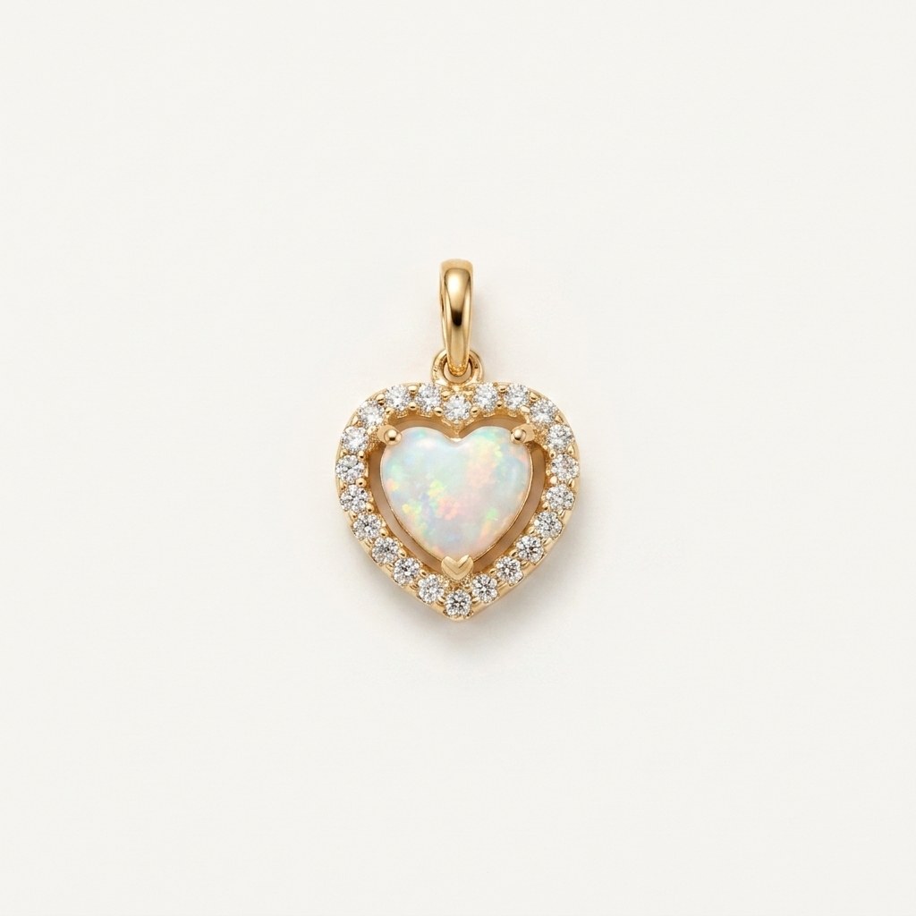 14K solid gold opalescent heart halo pendant on a warm ivory background