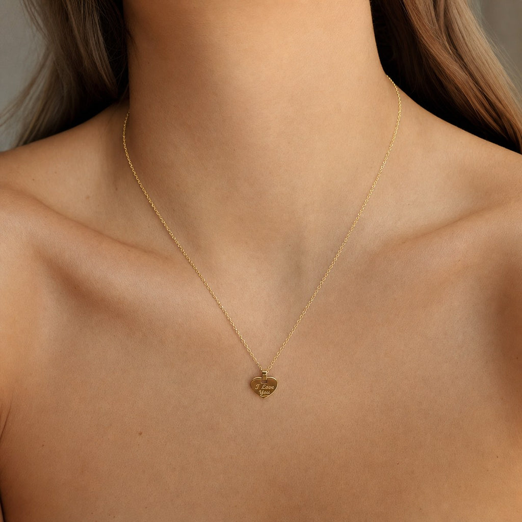 14K solid gold i love you heart pendant worn on a fine chain