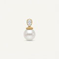 14K solid gold pearlescent drop pendant on a warm ivory background