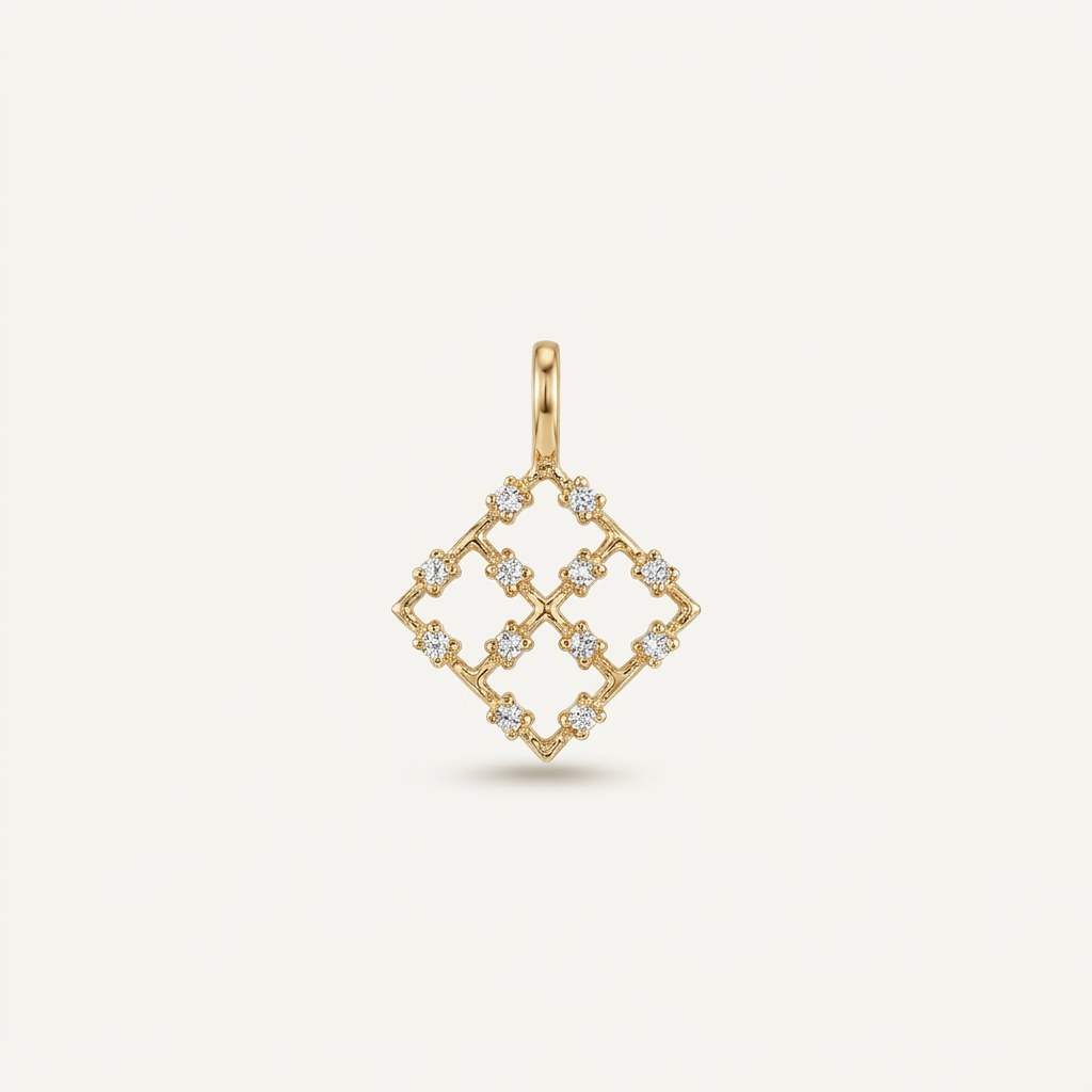 14K solid gold geometric lattice pendant on a warm ivory background
