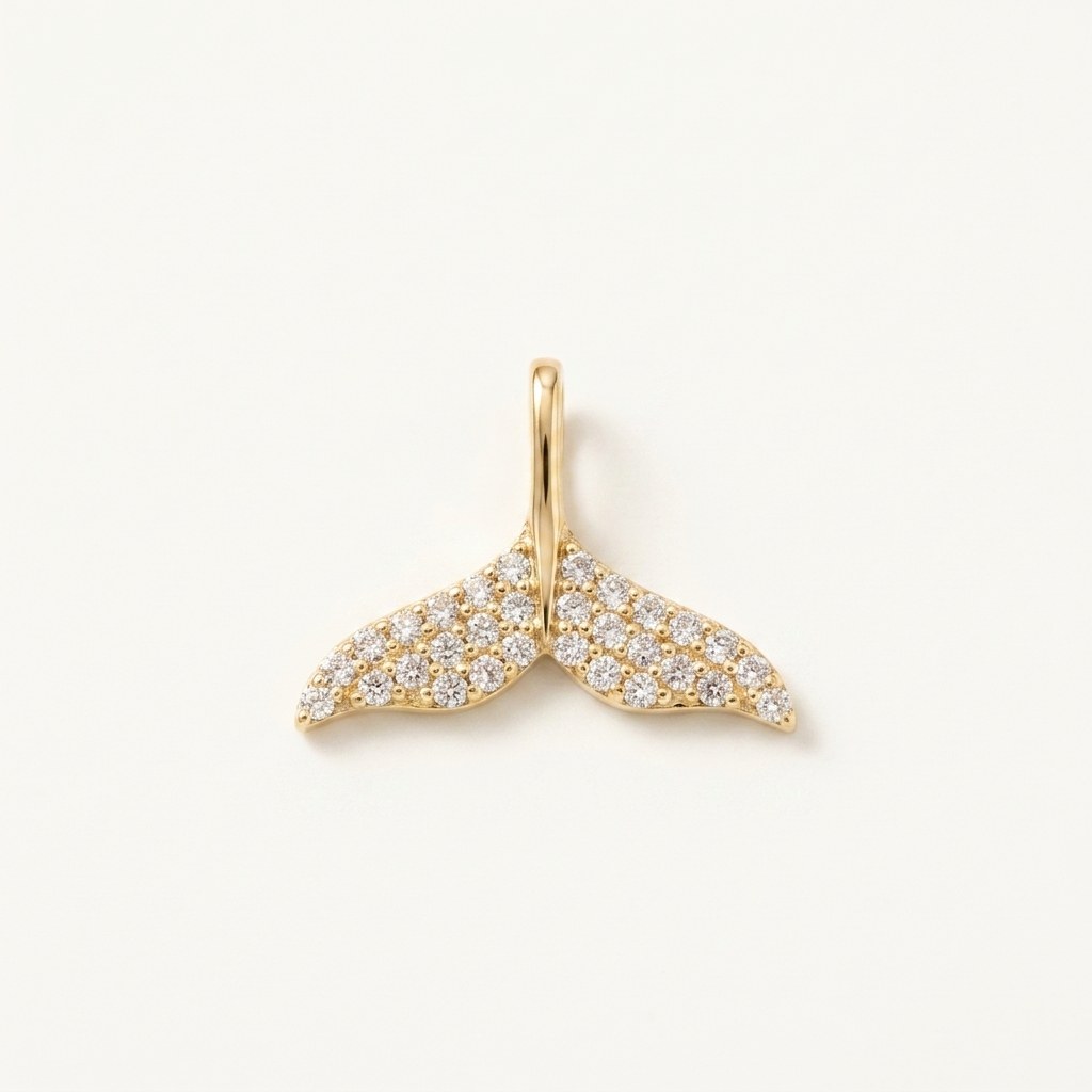 14K solid gold pavé whale tail pendant on a warm ivory background