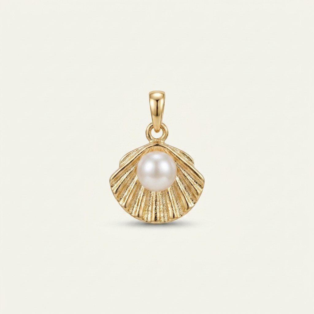 14K solid gold pearl scallop shell pendant on a warm ivory background