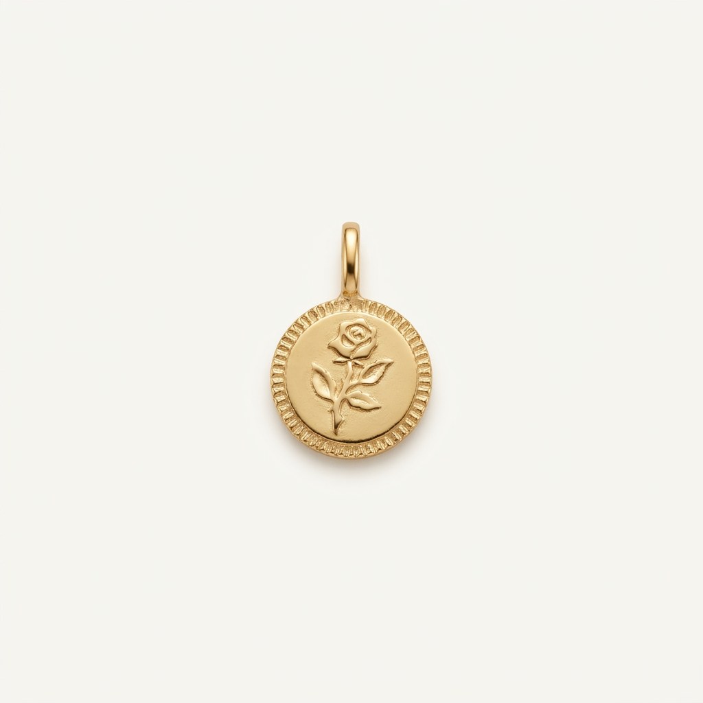 14K solid gold rose coin pendant on a warm ivory background