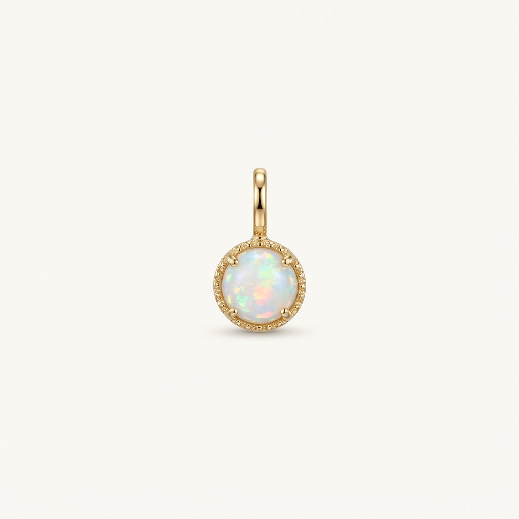 14K solid gold opalescent round halo pendant on a warm ivory background