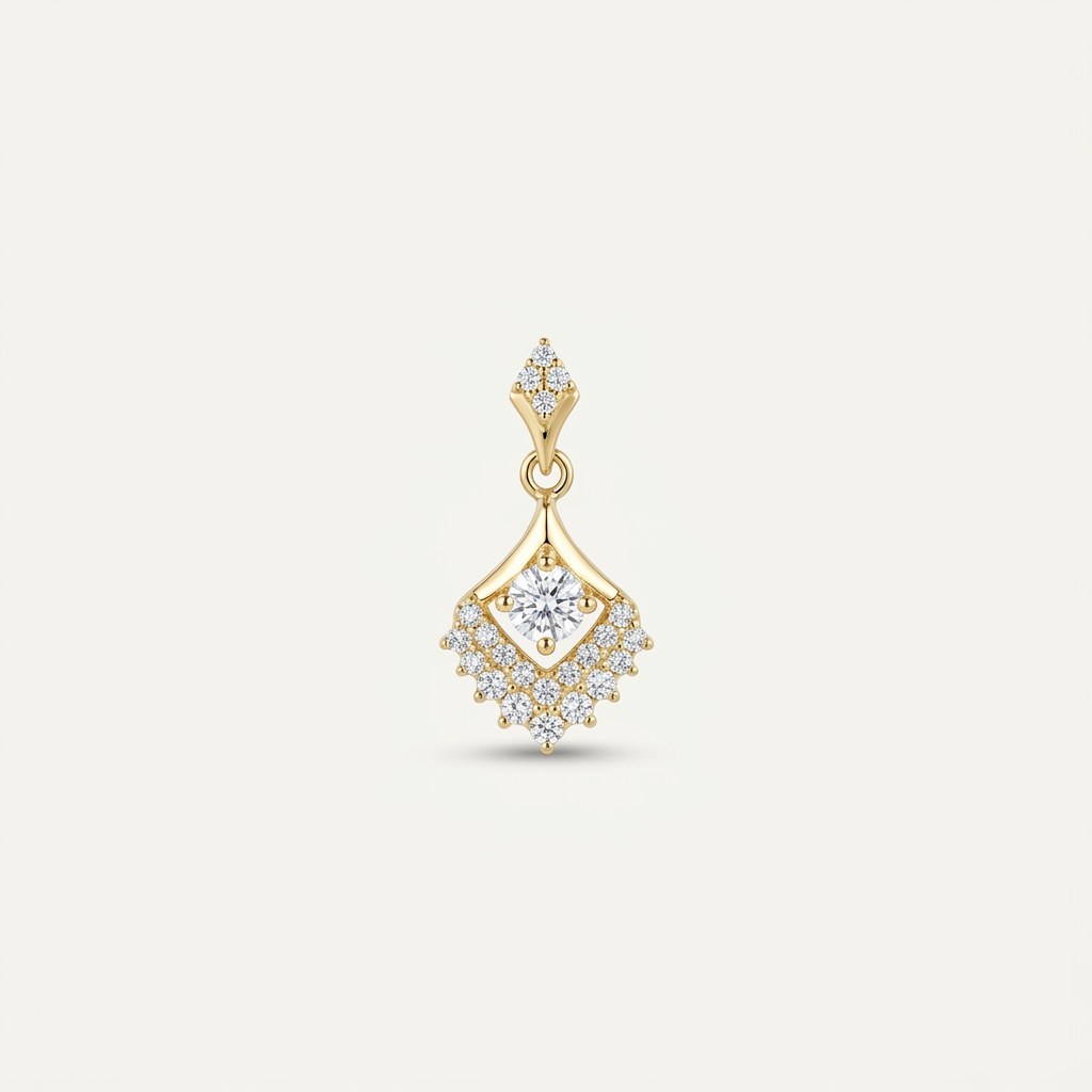14K solid gold ornate kite pendant on a warm ivory background
