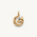 14K solid gold cat and moon pendant on a warm ivory background