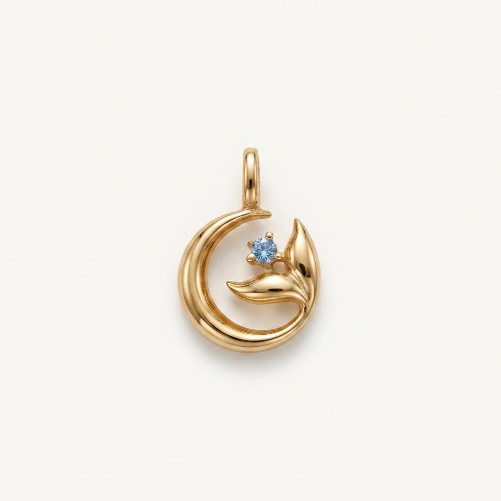 14K solid gold cat and moon pendant on a warm ivory background
