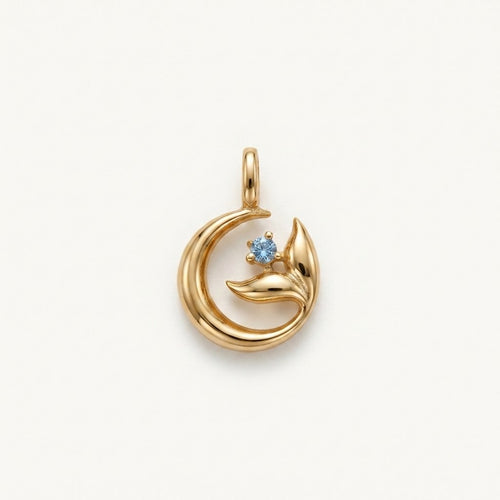 14K solid gold cat and moon pendant on a warm ivory background
