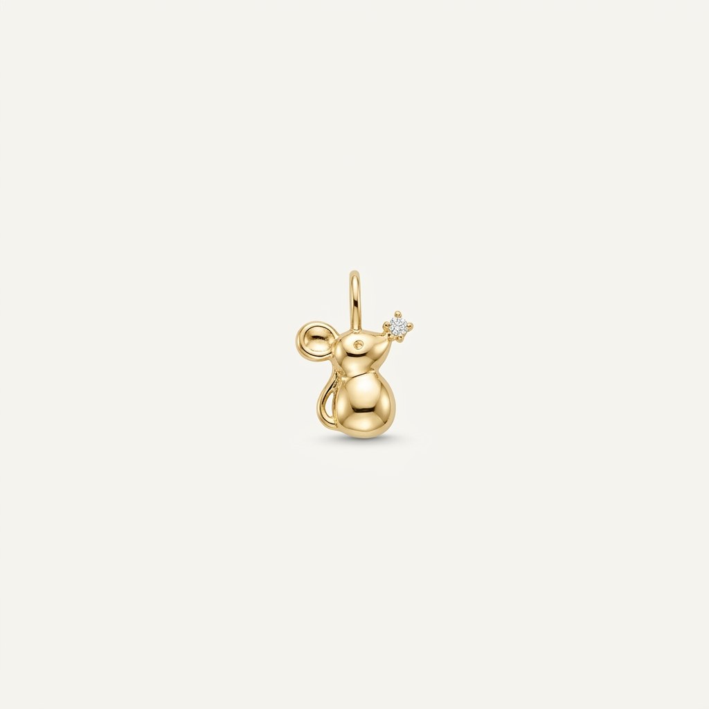 14K solid gold floral mouse pendant on a warm ivory background