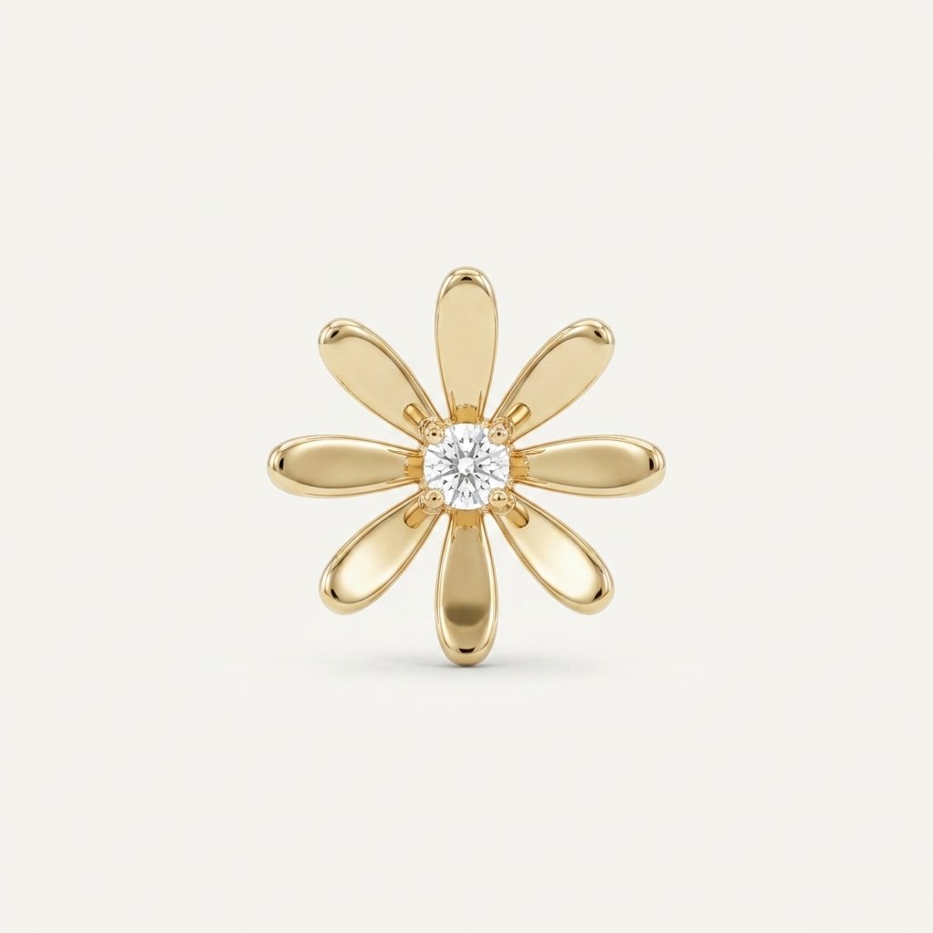 14K solid gold moissanite daisy pendant on a warm ivory background