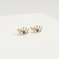 Solid gold eye stud earrings with blue center stone, product 402