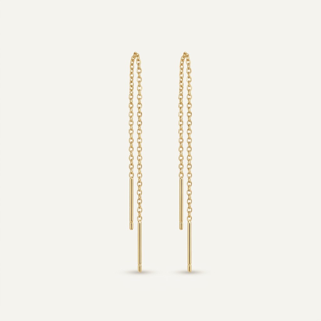 14K solid gold chain drop stud earrings on a warm ivory background