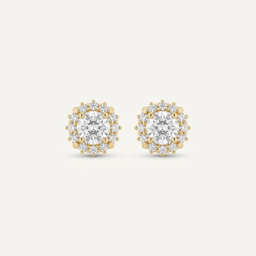 14K solid gold stone-set stud earrings on a warm ivory background