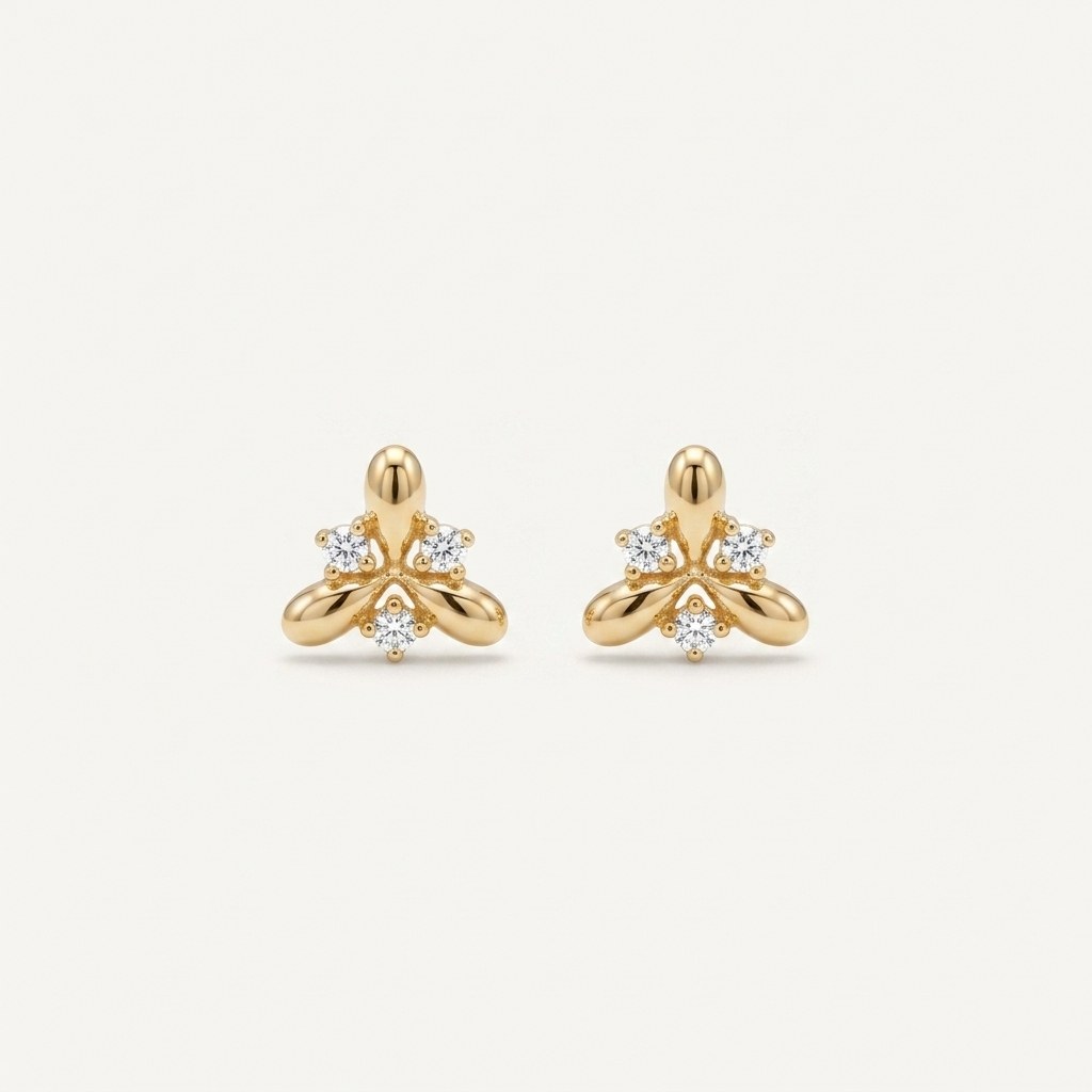14K solid gold crystal bee stud earrings on a warm ivory background
