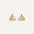 14K solid gold crystal bee stud earrings on a warm ivory background